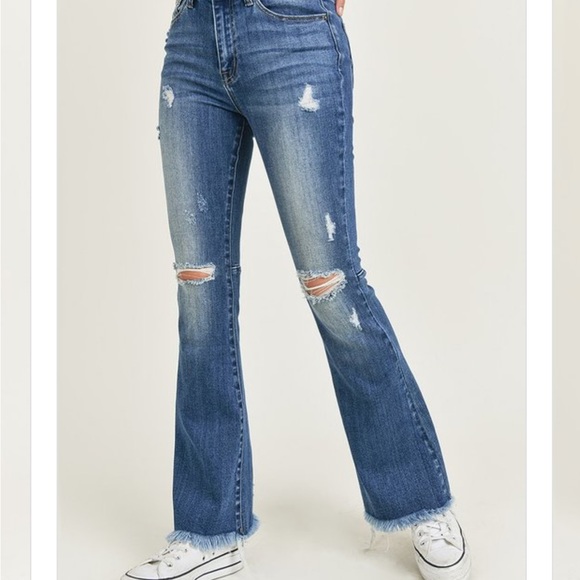 Risen Flare Distressed High Rise Jeans - Picture 3 of 12